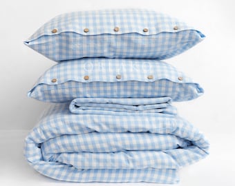 Capa de edredom de algodão xadrez azul – Conjunto de cama xadrez azul bebê – Resistente a rugas