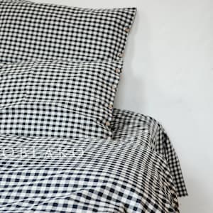 Gingham Washed Cotton Bettbezug-Set - Schwarz-karierter Bettbezug-Bettbezug-Bettwäsche-Set - Dorm Cotton 3-teilige Bettwäsche - Knitterresistent