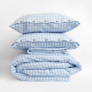 Blue Gingham Cotton Duvet Cover –Baby Blue Plaid Bedding Set – Wrinkle Resist