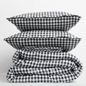 Gingham Washed Cotton Bed Sheets – Black Plaid Duvet Cover Bedding Set – Dorm Cotton 4 piece Bed Linen - Wrinkle Resist
