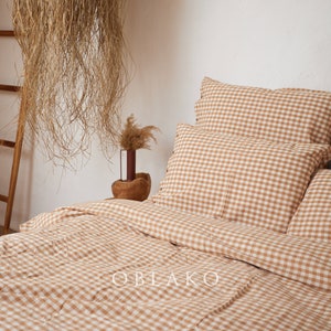 Gingham Washed Cotton Duvet Cover Set – Beige Plaid Duvet Cover Bedding Set – Dorm Cotton 3 piece Bed Linen - Wrinkle Resist