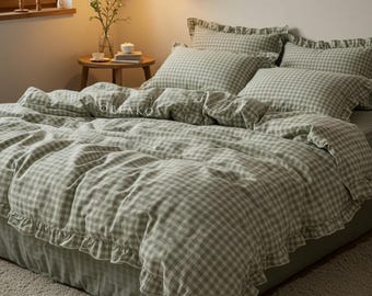 Juego de funda nórdica de algodón lavado con volantes y estampado de cuadros, hecha a mano