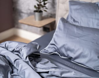 Komplet pościeli satynowo-bawełnianej z obramowaniem – kotwica szara z białym wykończeniem – poszewka na kołdrę – prześcieradła 4 sztuki