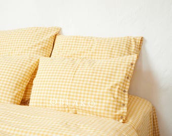 Yellow Gingham Washed Cotton Duvet Cover Set: Wrinkle-Resistant Plaid Bedding