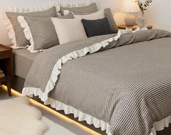 Ruffled Striped 100% Cotton Bedding Set: Beige Brown Duvet Cover and Pillowcases