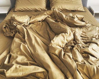 Sateen Cotton Duvet Cover Set –  Dark Golg with Brown Trim Comforter Cover – 3 pieces Bedding - Ships from United States