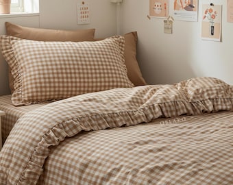 Ruffle Gingham Washed Cotton Duvet Cover – Ruffled Fringe Plaid Bedding Set – Dorm 4 piece Bed Linen