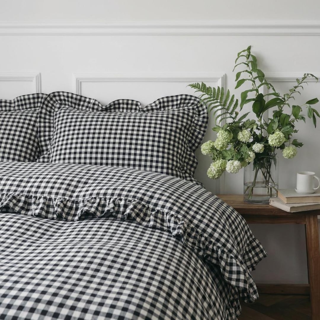 Ruffle Black Gingham Washed Cotton Duvet Cover Set - Plaid Bedding - Etsy