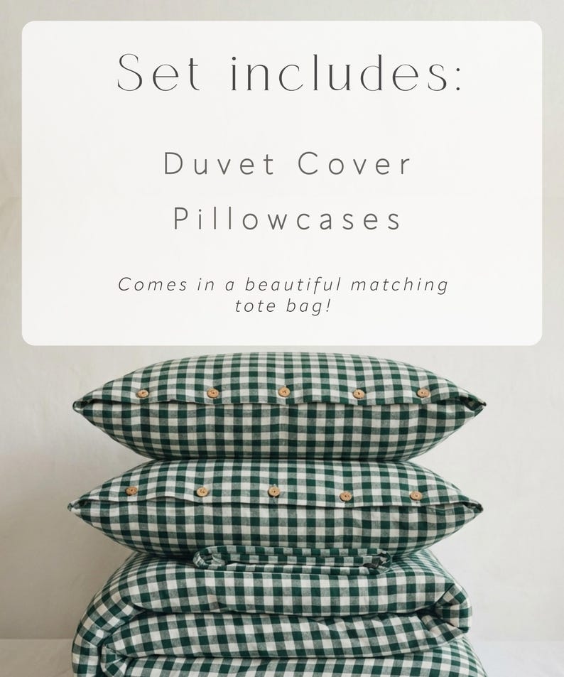 Green Gingham Washed Cotton Duvet Cover Set - Wrinkle-Resistant Green Plaid Bedding 画像 7