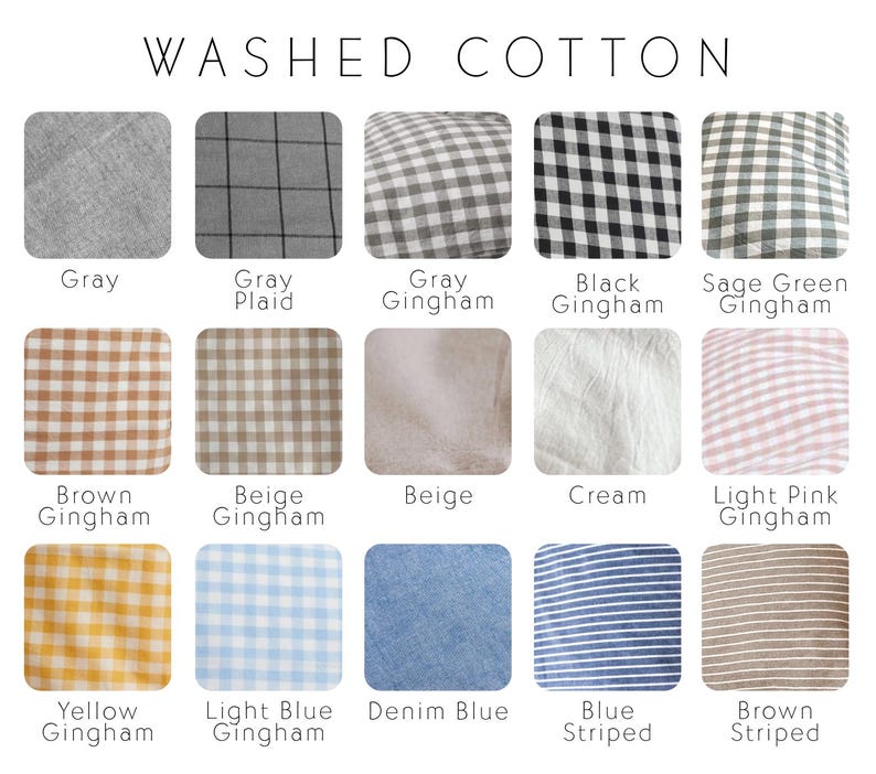 May include: A collection of fabric swatches in various colors and patterns. The swatches include solid colors like gray, beige, and cream, as well as gingham and striped patterns in colors such as black, yellow, and blue. The text "WASHED COTTON" is at the top.