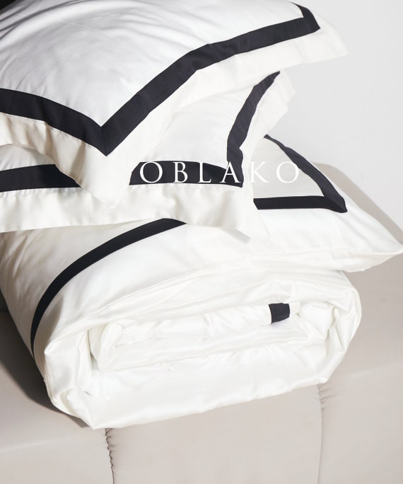 Luxury Bedding Set Sateen Cotton Bordered – Cream White with Edge Duvet Cover –  Queen King Full Twin Bed Linen