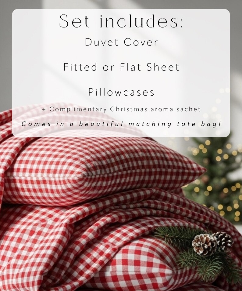 May include: A red and white gingham bedding set, including a duvet cover, fitted or flat sheet, and pillowcases. The set is displayed with a decorative pine branch and pinecones. Text on the image reads "Set includes:" and lists the items.