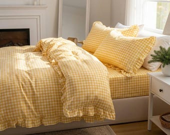 Ruffled Striped 100% Cotton Bedding Set: Beige Brown Duvet Cover and Pillowcases