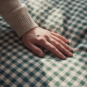 以下が含まれることがあります： 緑と白のチェック柄の生地に手が置かれています。生地はギンガムチェック柄です。明るい色のセーターの袖が左上に写っています。