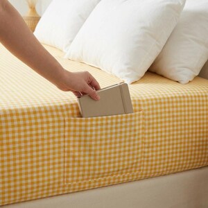 Plaid Washed Cotton Fitted Sheet - Custom Beige Blue Yellow Black Gingham Sheets - Bedding Accessories - Bed Linen - Mattress Cover