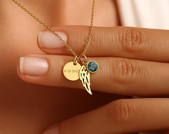 Engelsflügel Armband oder Name oder Datum mit Geburtsstein Charm, Andenken Schmuck. Sympathie Geschenk