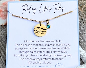 Ocean Inspired Personalized Christian Necklace, Riding Life’s Tides Necklace, Isaiah 43:2 Bible Verse Jewelry, Wave Necklace, Faith Gift