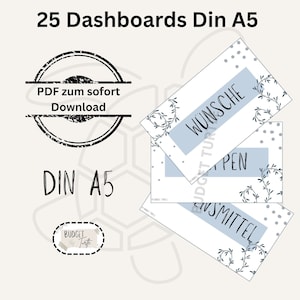 Könnte beinhalten: Drei druckbare A5-Dashboards mit blau-weißem Design. Die Dashboards sind mit "Wünsche", "Pen" und "Ensmittel" beschriftet.