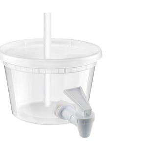 May include: A clear plastic beverage dispenser with a white lid and a white spout. A white straw is inserted through the lid.