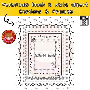 K&ouml;nnte beinhalten: Schwarz-wei&szlig;e Clipart-Rahmen mit Valentinstag-Motiven. Die Rahmen zeigen Herzen, Umschl&auml;ge und andere Designs. Der gr&ouml;&szlig;te Rahmen ist 8,5 Zoll mal 11 Zoll gro&szlig;.