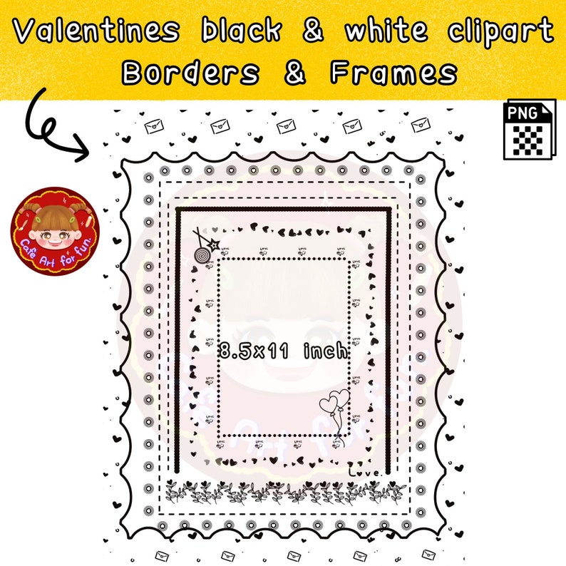 K&ouml;nnte beinhalten: Schwarz-wei&szlig;e Clipart-Rahmen mit Valentinstag-Motiven. Die Rahmen zeigen Herzen, Umschl&auml;ge und andere Designs. Der gr&ouml;&szlig;te Rahmen ist 8,5 Zoll mal 11 Zoll gro&szlig;.