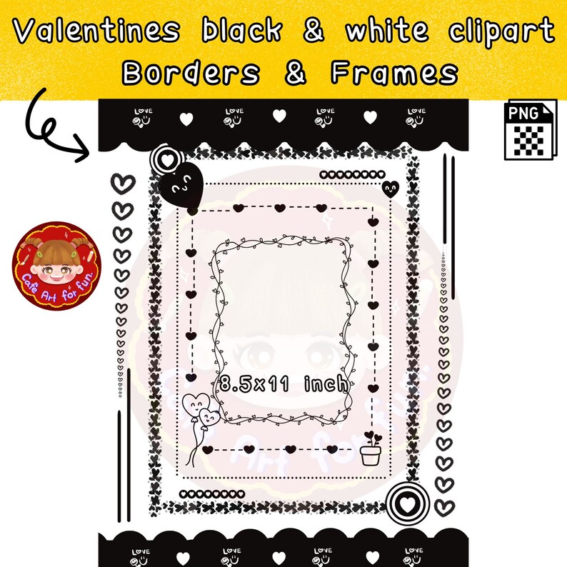 K&ouml;nnte beinhalten: Schwarz-wei&szlig;e Valentinstag-Clipart-Rahmen mit Herzen, Ranken und dem Text "LOVE". Die Rahmen sind 8,5 x 11 Zoll gro&szlig;.