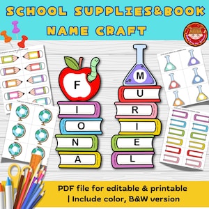 Editable School supplies Name craft, Back to School Activity for Preschool & Kindergarten, Bulletin Boards Idea, Personalized  Craft