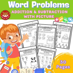 May include: A set of 30 printable worksheets for children to practise addition and subtraction word problems. Each worksheet features a different animal theme, such as zoo animals, pandas, and turtles, and includes a picture to help illustrate the problem.