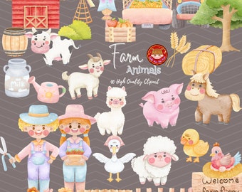 May include: A set of 40 watercolor clipart images featuring farm animals, including a cow, pig, goat, sheep, llama, chicken, duck, and a scarecrow. The clipart is perfect for creating invitations, cards, and other crafts.