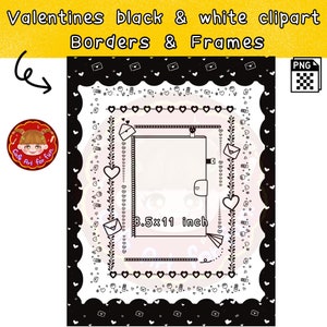 K&ouml;nnte beinhalten: Schwarz-wei&szlig;e druckbare Valentinstags-Rahmen und -R&auml;nder mit Herzen, Umschl&auml;gen und floralen Designs. Die Rahmen sind 8,5 x 11 Zoll gro&szlig;.