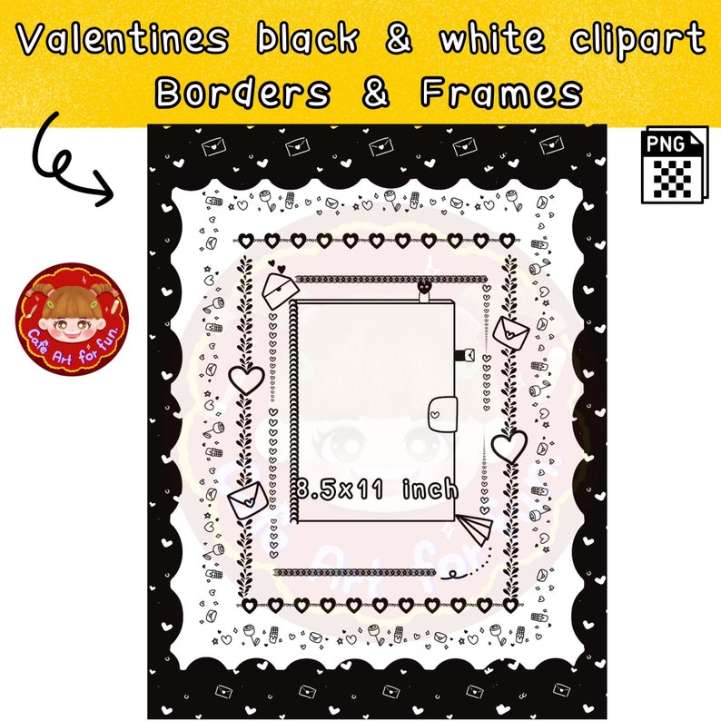 K&ouml;nnte beinhalten: Schwarz-wei&szlig;e druckbare Valentinstags-Rahmen und -R&auml;nder mit Herzen, Umschl&auml;gen und floralen Designs. Die Rahmen sind 8,5 x 11 Zoll gro&szlig;.