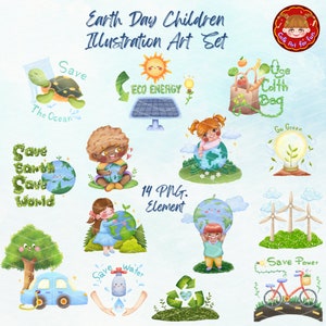 Aarde dag clipart, kinderen illustratie, groen blauwe aarde, milieuvriendelijke clipart, Eco-energie, Eco-vriendelijk, Go Green,