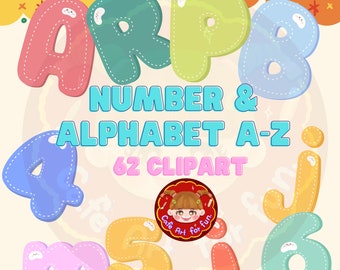 May include: A set of 62 colourful, stitched alphabet and number clipart images. The letters are in a variety of pastel colours, including pink, blue, green, and yellow. The letters are outlined in white stitching. The text "NUMBER & ALPHABET A-Z 62 CLIPART" is written in blue and white text. A logo for "Cafe Art for Fun" is in the centre of the image.