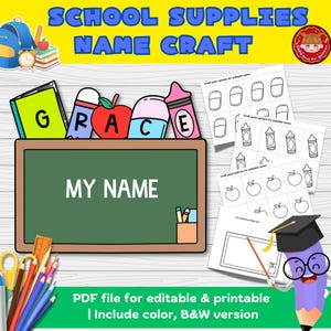Editable School Supplies Name Craft: Back to School Bulletin Board (PDF File)