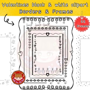 K&ouml;nnte beinhalten: Ein Set mit 22 schwarzen und wei&szlig;en Valentinstagsrahmen. Die Rahmen zeigen Herzen, Blumen und andere romantische Designs. Der Text "Happy" und "Love" ist in einigen der Rahmen enthalten.