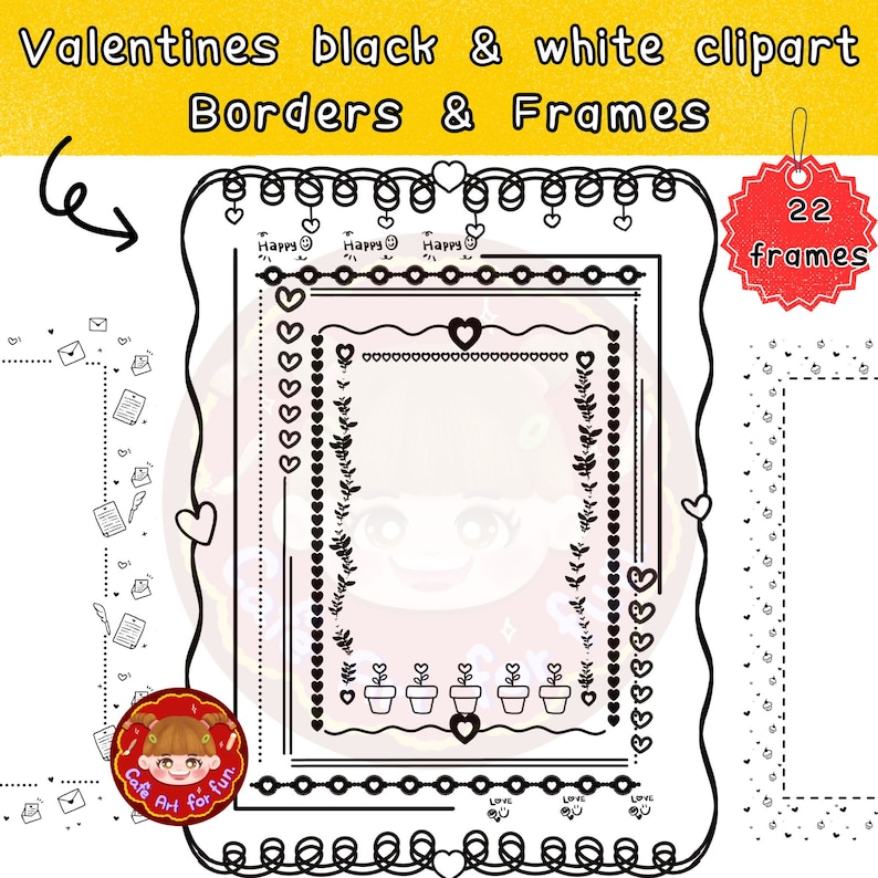 K&ouml;nnte beinhalten: Ein Set mit 22 schwarzen und wei&szlig;en Valentinstagsrahmen. Die Rahmen zeigen Herzen, Blumen und andere romantische Designs. Der Text "Happy" und "Love" ist in einigen der Rahmen enthalten.