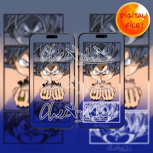 069 | Ultra Instinto Chibi | Papel de parede com efeito brilhante para seu IPhone | Feito por Cheetah D! Design exclusivo de tela dupla de bloqueio