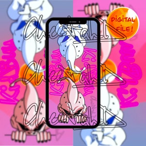 May include: A pink and white phone case with a cartoon image of a pink and white character with a menacing expression. The phone case has a pink background with white text that says "Cheetah" and a yellow circle with the text "DIGITAL FILE!" in the upper right corner.