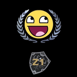 May include: A yellow smiley face with an excited expression, surrounded by a silver laurel wreath, above a silver shield with the text "Z1" in gold. The background is black.