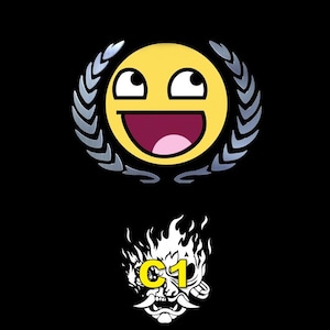 May include: A black background with two graphic designs. The top design is a yellow smiley face with a wide grin and upward-looking eyes, surrounded by a silver laurel wreath. The bottom design is a white and black demon face with flames and the text "C1" in yellow.
