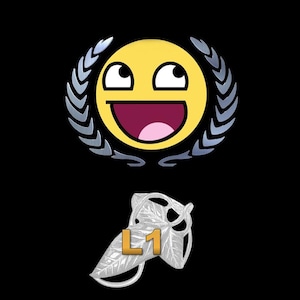 May include: A yellow smiley face with a wide grin and upward-looking eyes, surrounded by a silver laurel wreath. Below, a silver leaf-shaped design with the text "L1" in a gold box, all set against a black background.