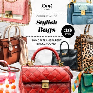 Luxury Bag Clipart, 30 Digital Handbag & Tote Bag Illustrations, Fashion Digital Download PNG, Stylish Designer Bag Clipart, Digital Sticker