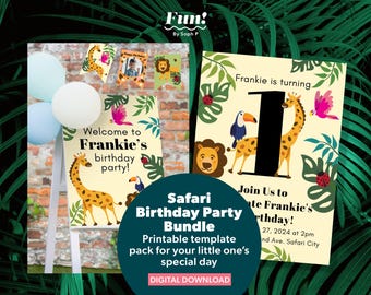 May include: A safari-themed birthday party bundle with printable templates. The design features a giraffe, toucan, lion, and other jungle animals. The invitation says "Frankie is turning 1" and includes party details. Includes balloons and a banner.