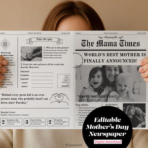 編集可能な母の日新聞テンプレート、印刷可能な母の日カード、パーソナライズされた母の日ギフト、直前の母の日DIYアイデア