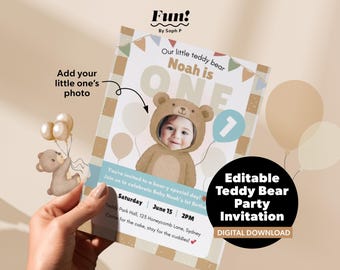 Editable Teddy Bear Birthday Invitation, Photo Invite, Neutral Photo Template, Printable & Digital Party Invite, Add Kid's Face, Canva Free