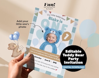 Editable Teddy Bear Birthday Invitation, Photo Invite, Blue Photo Template, Printable & Digital Party Invite, Add Kid's Face, Canva Free