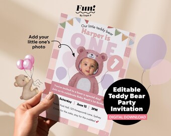 Editable Teddy Bear Birthday Invitation, Photo Invite, Pink Photo Template, Printable & Digital Party Invite, Add Kid's Face, Canva Free