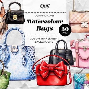 Clipart de bolso de acuarela, 30 ilustraciones digitales de bolsos y carteras, descarga digital PNG de moda, clipart de bolso de diseñador de lujo
