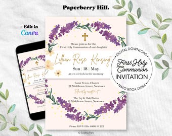 May include: A First Holy Communion invitation template featuring a watercolor lavender wreath, a gold cross, and floral accents. The text includes the name Lillian Rose Kensing, event details, Saint Peters Church, and The Ivy & Oak Bistro location.