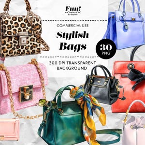 Luxury Bag Clipart, 30 Digital Handbag & Tote Bag Illustrations, Fashion Digital Download PNG, Luxury Designer Bag Clipart